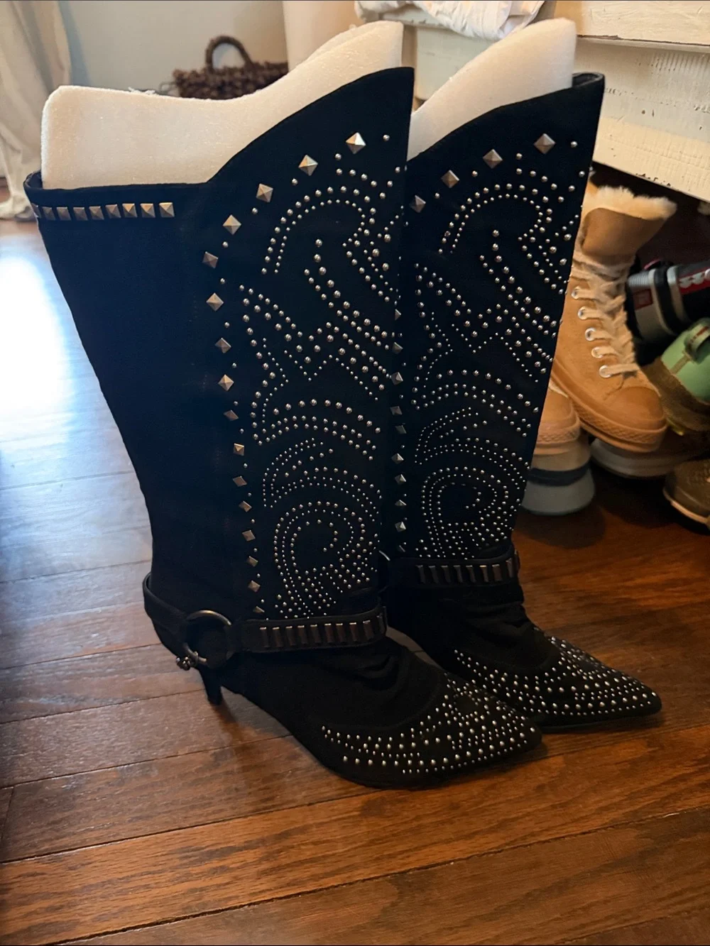ASHRO Women’s 12M Black Studded Western Cowboy Tall Boots Pointed Toe